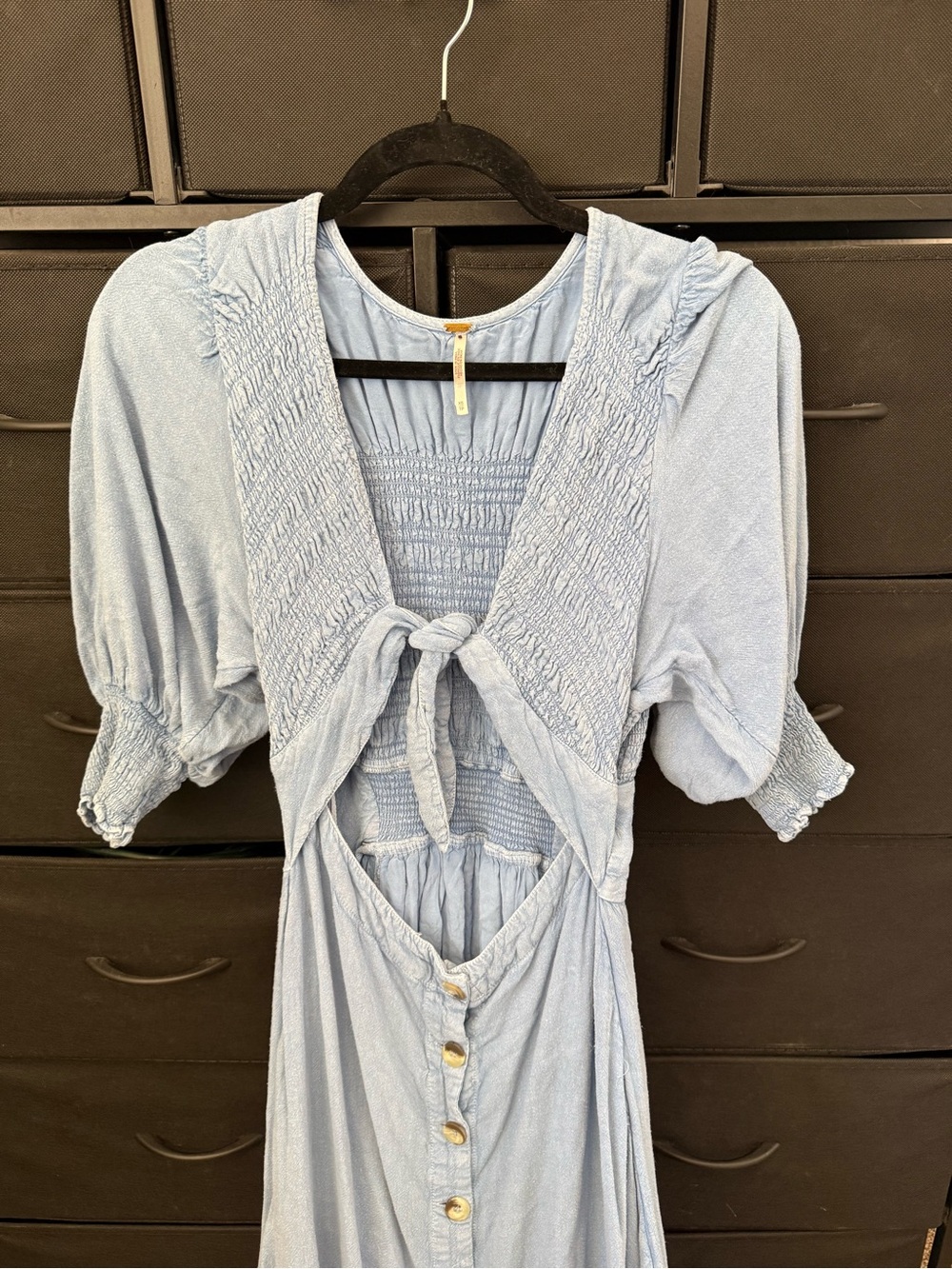 Free People Light Blue Smocked Tie-Front Maxi Dress